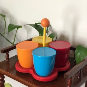 70s Space Age Plastic Condiment Server - Primary Colour Snack Caddy with Lids
